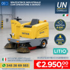 Ride-on yellow industrial floor sweeper (DETAS) on a warehouse floor with branding and price info visible against promotional badges