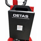 Close-up of a black DETAS control unit attached to a red industrial machine handle.