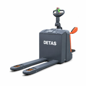 Manual pallet jack with two forks extending forward, gray body with orange accents and DETAS branding, used to lift and move pallets.