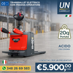 Electric pallet truck in a warehouse with operator handle; 20q capacity, 24V/200Ah, Italian warranty and contact info shown.