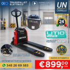 Electric pallet truck in a warehouse with DETAS branding, highlighting 1500 kg capacity and a 30Ah LiFePO4 battery; price €899 + IVA