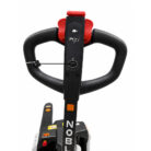 Powered pallet truck handle with black looped grip and red control head, branding on the vertical stem and control buttons visible
