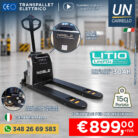 Noble pallet jack in a warehouse, highlighting a 30Ah LiFePO4 battery and €899 price tag + IVA.