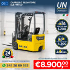 Yellow Diesel forklift in a showroom with company branding and Italian flags, advertising a DATAS model and price offer (8,900€ + IVA)