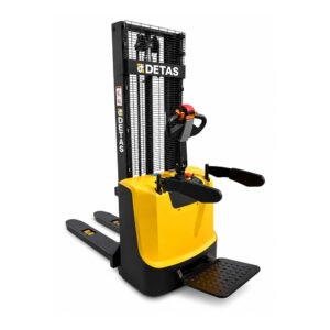 Yellow electric pallet stacker with a tall black lifting mast and two long forks, used for lifting and moving pallets; controls on a red/black handle.