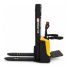 Electric pallet stacker with black and yellow body, forks extended forward for lifting pallets