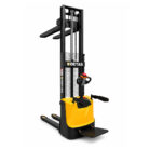 Powered pallet stacker with yellow body and black control handle for lifting and moving pallets.