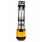 Electric order-picker forklift with a tall black mast and yellow base, used for stacking pallets in narrow aisles.
