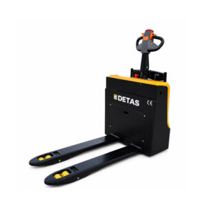 Electric pallet jack with two extended forks and a compact control handle (DETAS brand).