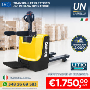 Electric pallet truck in a warehouse with a 'Portata max 2.000 KG' badge and promotional price €1,750 + IVA.