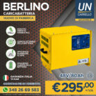 Industrial yellow 48V/80Ah battery charger advertised with price €295 + IVA, contact phone, and branding (UN Carrello) on a dark honeycomb background.