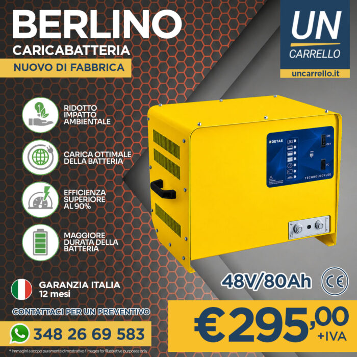 caricabatteria-berlino-48-80-detas-cover-web Industrial yellow 48V/80Ah battery charger advertised with price €295 + IVA, contact phone, and branding (UN Carrello) on a dark honeycomb background.