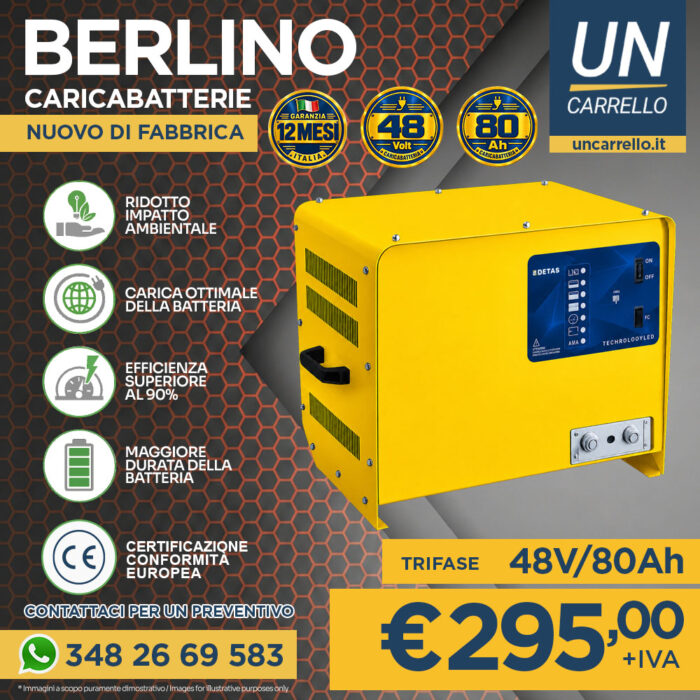 Promotional poster for BERLINO battery charger, yellow unit with 48V/80Ah rating and price €295 + IVA on a blue-gray background.