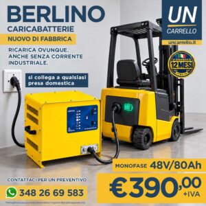 Pubblicità di caricabatterie per carrello elevatore: forklift gialla accanto a un alimentatore, prezzo €390 + IVA.