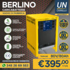 Advertisement for Berlino trifase 80V/80Ah battery charger; yellow unit centered with feature icons on the left and price €395 + IVA at the bottom, plus contact info on the left.