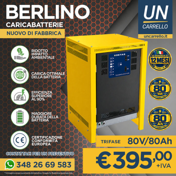Advertisement for Berlino trifase 80V/80Ah battery charger; yellow unit centered with feature icons on the left and price €395 + IVA at the bottom, plus contact info on the left.