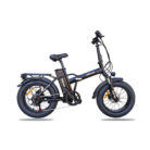 Black folding electric bike with fat tires, front suspension, and rear rack, labeled DETAS on the frame