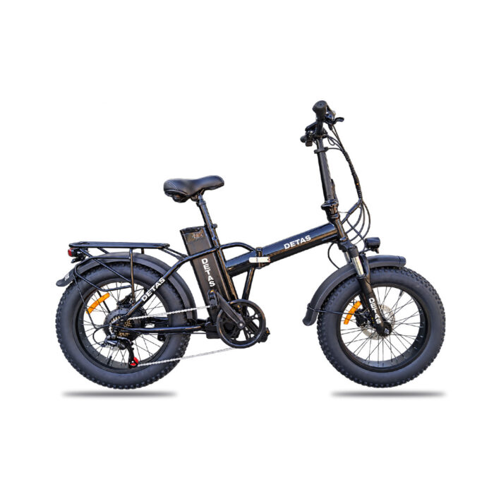 Black folding electric bike with fat tires, front suspension, and rear rack, labeled DETAS on the frame