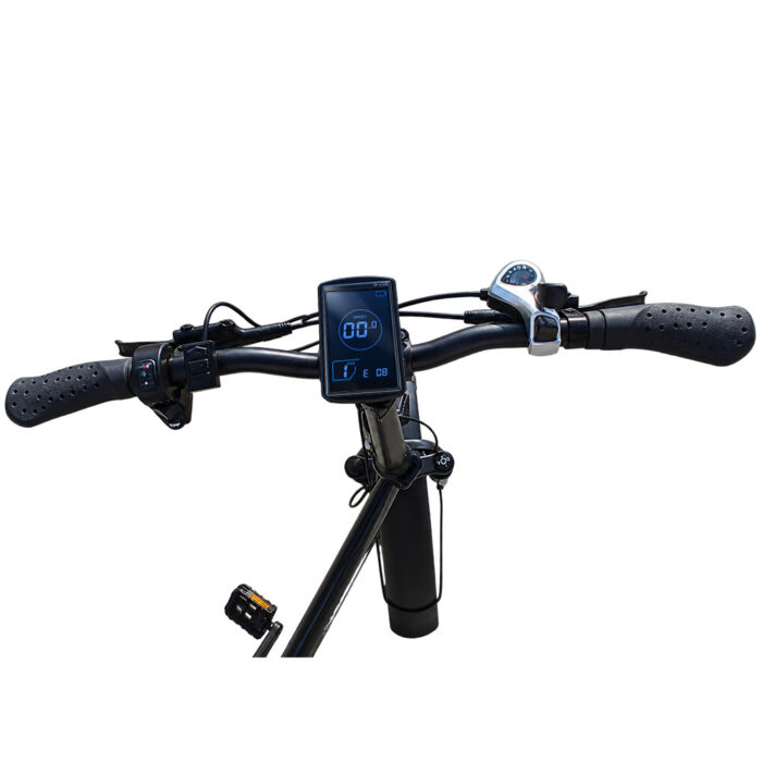 Electric bike handlebars with a blue digital display showing speed and gear, plus grips and brake levers on both sides.