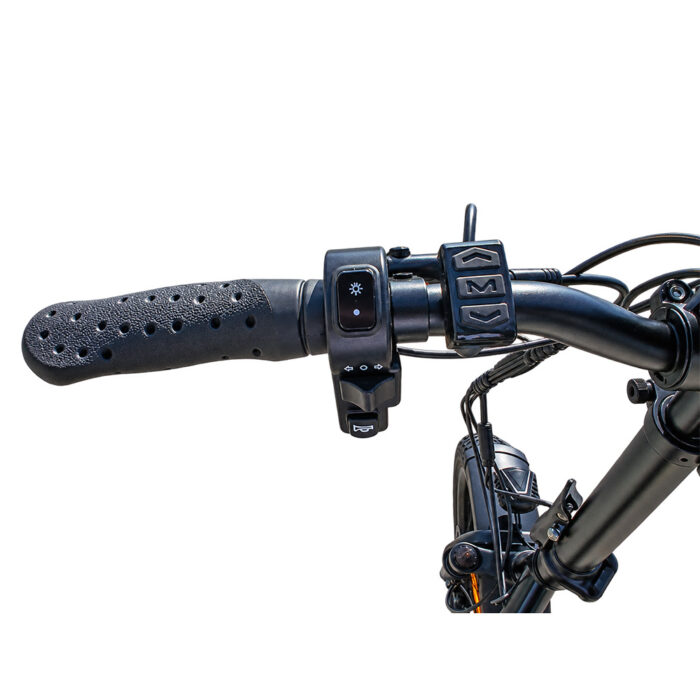 Close-up of a bicycle handlebar with a perforated grip and an electronic control pad for lights and indicators on a white background.