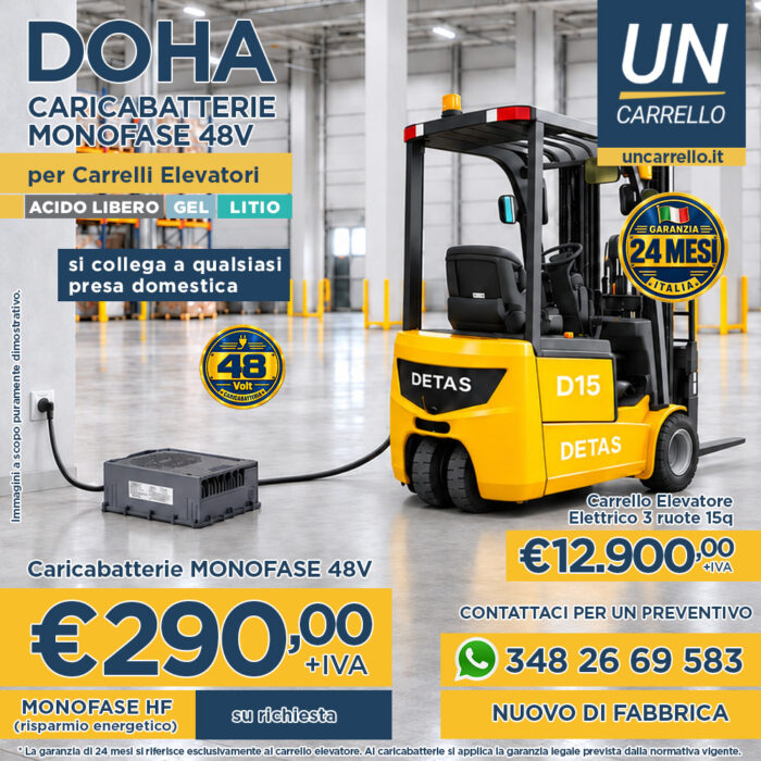 Advertisement showing a yellow DETAS forklift in a warehouse, with large €290 + IVA and contact/info banners in blue and orange.