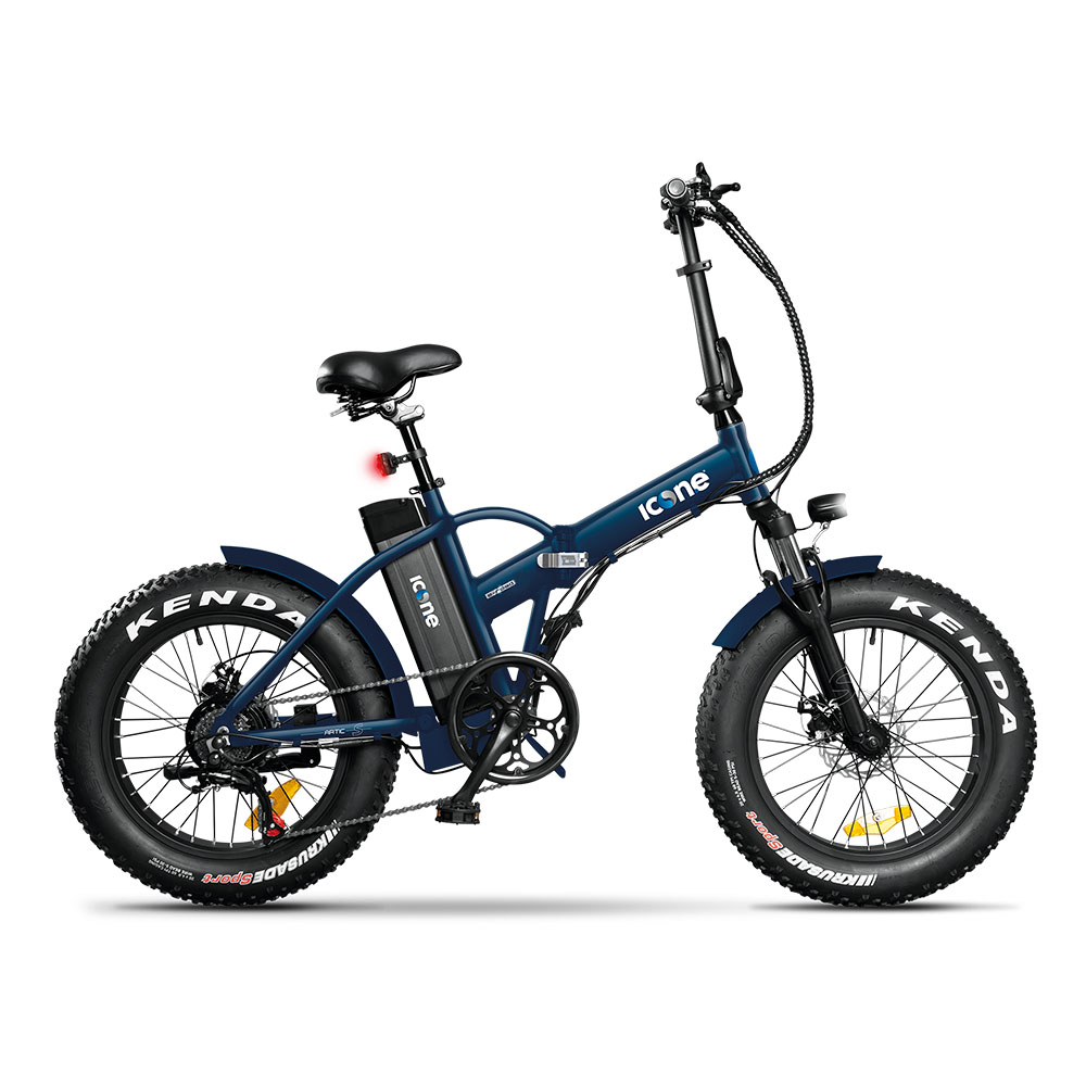 e-bike | UNCARRELLO® Blue electric fat-tire bike shown in profile with a battery on the frame and a comfortable saddle, side view
