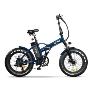 Blue folding electric bike with fat tires and front suspension, shown in profile against a white background