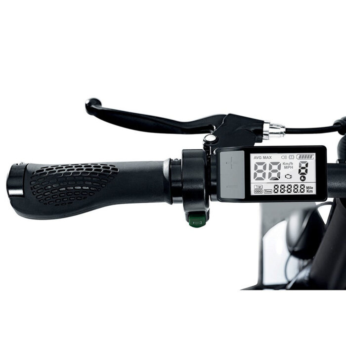 Close-up of a bike handlebar with a textured grip, brake lever, and a digital display showing speed and trip data.