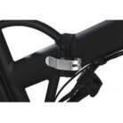 Silver mounting clamp attached to a matte black bicycle frame, part of a device mount with cables running along the frame.[