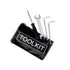 Black toolkit pouch with a screwdriver, wrench and hex keys sticking out.