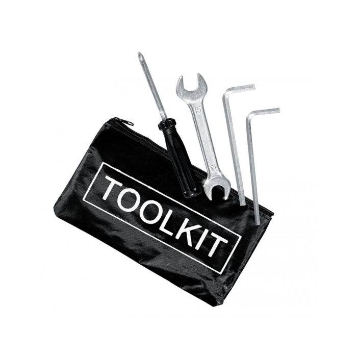 Black toolkit pouch with a screwdriver, wrench and hex keys sticking out.