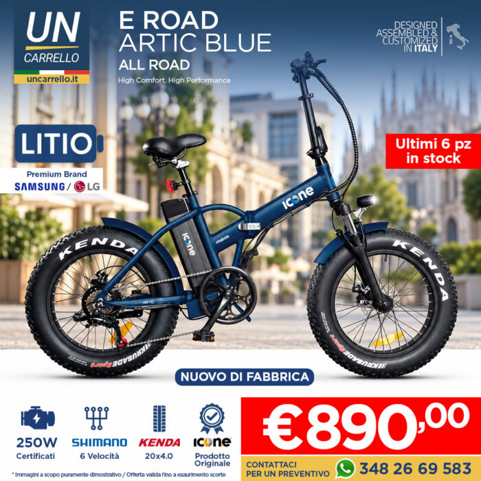 Blue electric bike on a street-ad backdrop with price €890 and ‘Nuovo di fabbrica’ badge; promotional Italian ad text visible in the image.