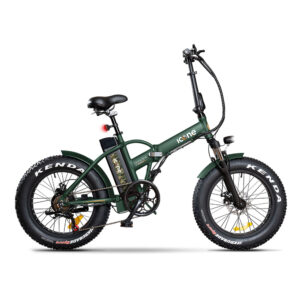 Folding electric mountain bike with wide fat tires, green frame, black saddle, and front suspension viewed from the side.