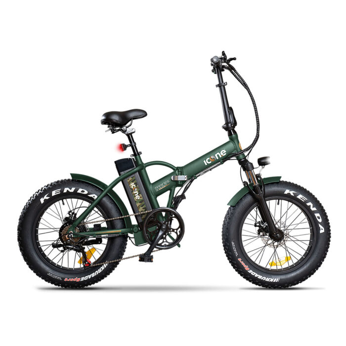 Folding electric mountain bike with wide fat tires, green frame, black saddle, and front suspension viewed from the side.