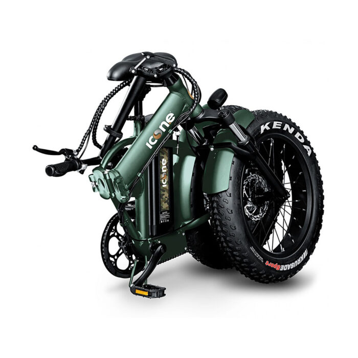 Folded green electric bike with fat tires and the brand 'icone' visible on the frame, folded for storage, ready to unfold.