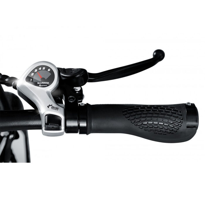 Close-up of a bicycle handlebar showing a Shimano twist/shifter and a black brake lever next to a textured grip.