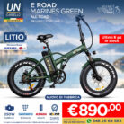 Green electric bike on a beach backdrop with banners: 'Nuovo di Fabbrica', '€890,00', and contact number; logos for Shimano, Kenda, Icone present.