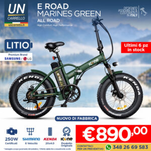 Green electric bike on a beach backdrop with banners: 'Nuovo di Fabbrica', '€890,00', and contact number; logos for Shimano, Kenda, Icone present.