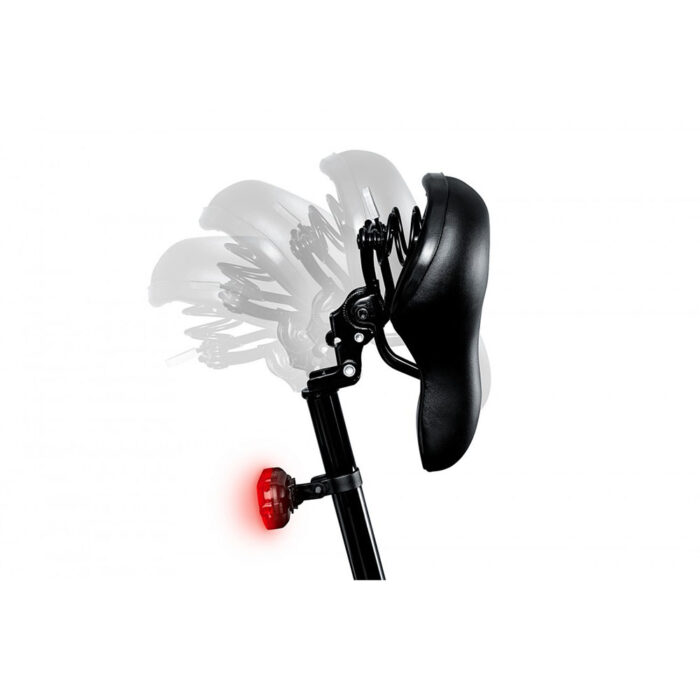 Black bicycle saddle attached to a seat post with a red rear taillight at the bottom; the seat appears in multiple positions to suggest adjustability or movement.