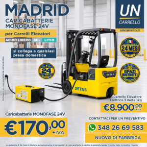 Promotional poster showing a yellow forklift in a warehouse, advertising Madrid 24V monophasic forklift batteries, with prices (€170 + IVA) and (€8.900 + IVA) and a WhatsApp contact for a preventive.