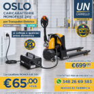 Advertising banner for a 24V electric pallet truck with a yellow forklift, prices €699+IVA and €65+IVA, and contact info including a WhatsApp number.