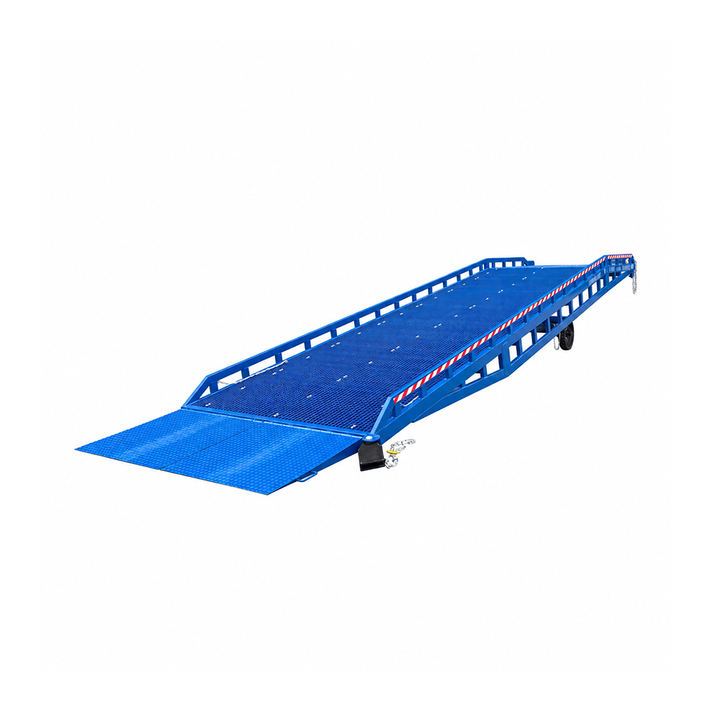 rampa-di-carico | UNCARRELLO® Blue metal loading ramp with guard rails and perforated surface, extended for vehicle loading or dock access (portable stage)