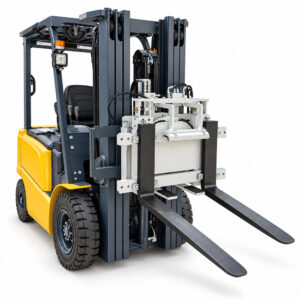 ribalta-cassoni-rovesciatore-idraulico-180-gradi-02 | UNCARRELLO® Forklift with a hydraulic attachment and two long forks, ready to lift pallets.
