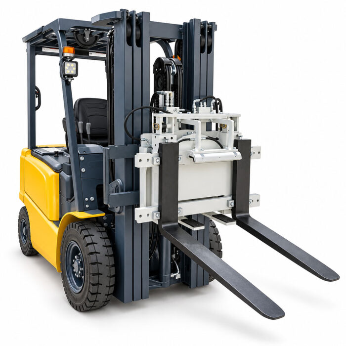 Forklift with a hydraulic attachment and two long forks, ready to lift pallets.