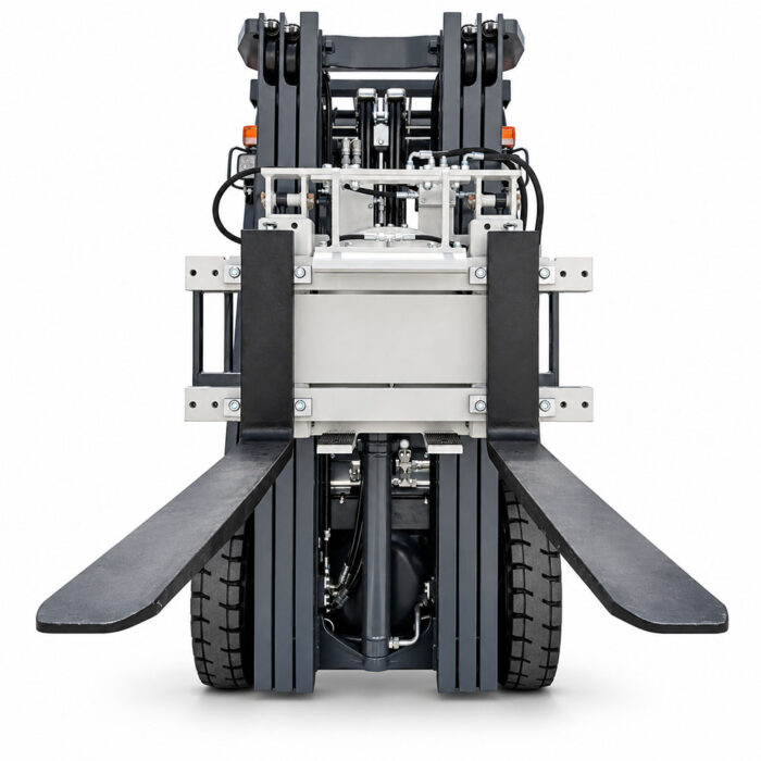 Front view of a forklift with extended black forks and a heavy-duty mast ready to lift pallets.