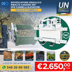 Advertisement banner for UN Carrello forklift equipment featuring 180° rotation and a large price tag of €2,650 + IVA, with contact number visible.