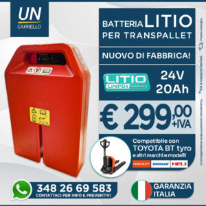 Ad banner for a 24V 20Ah lithium battery for pallet trucks, €299 + IVA, with contact info and Italian warranty seals.
