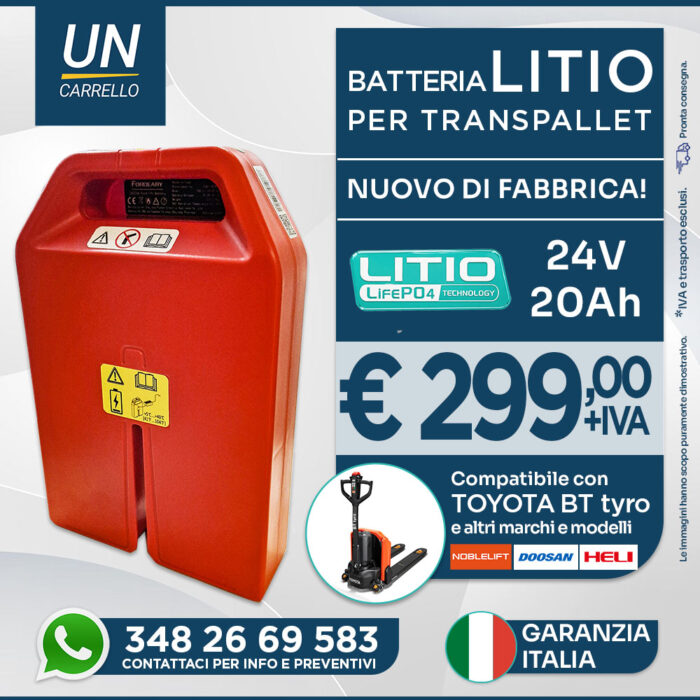 Ad banner for a 24V 20Ah lithium battery for pallet trucks, €299 + IVA, with contact info and Italian warranty seals.