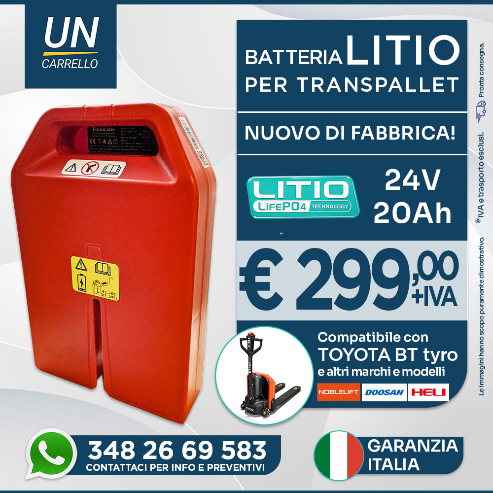 Ad banner for a 24V 20Ah lithium battery for pallet trucks, €299 + IVA, with contact info and Italian warranty seals.