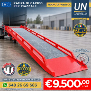 Red metal loading ramp attached to a truck, with safety rails and industrial setting; price €9.500 + IVA visible.